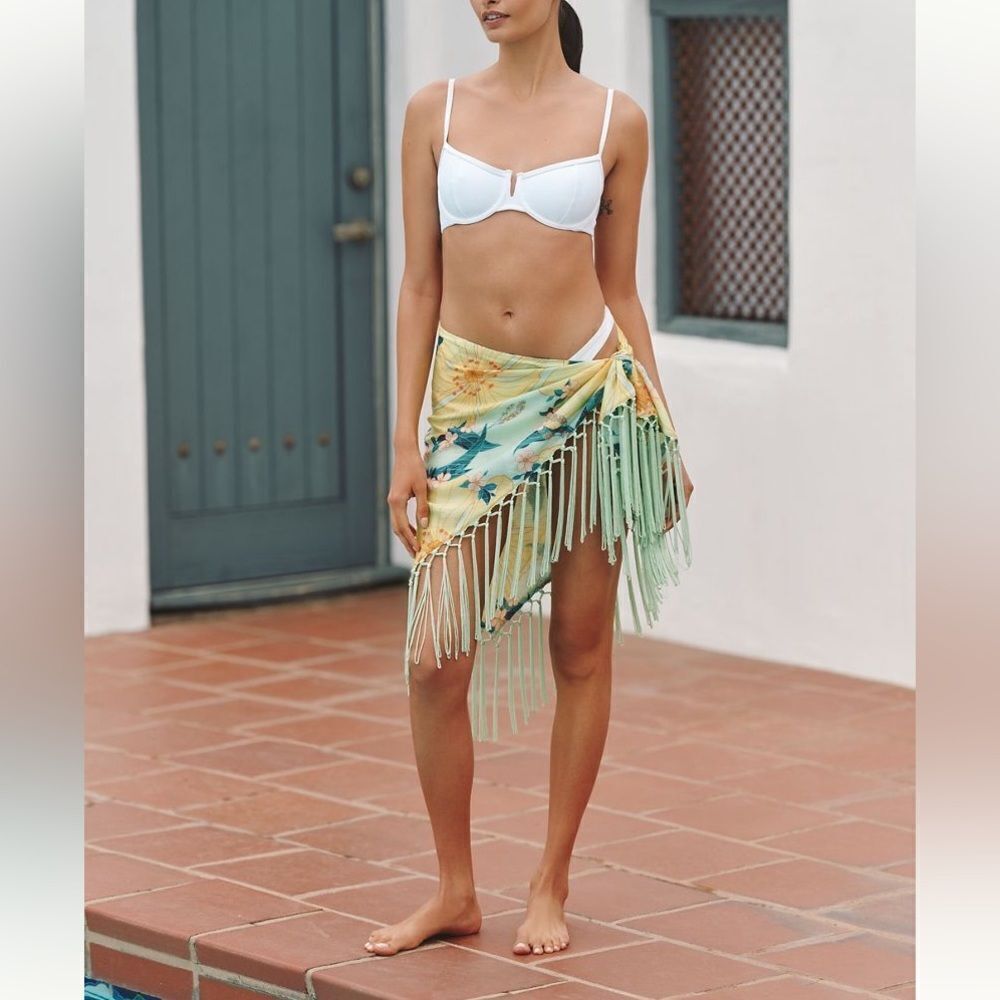FARM Rio x Anthropologie Yellow Floral Sarong with Green Fringe